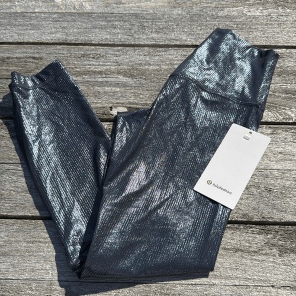 Lululemon Align High-Rise Ribbed Pant 25" Shine Foil Black Night Blue size 4 NWT